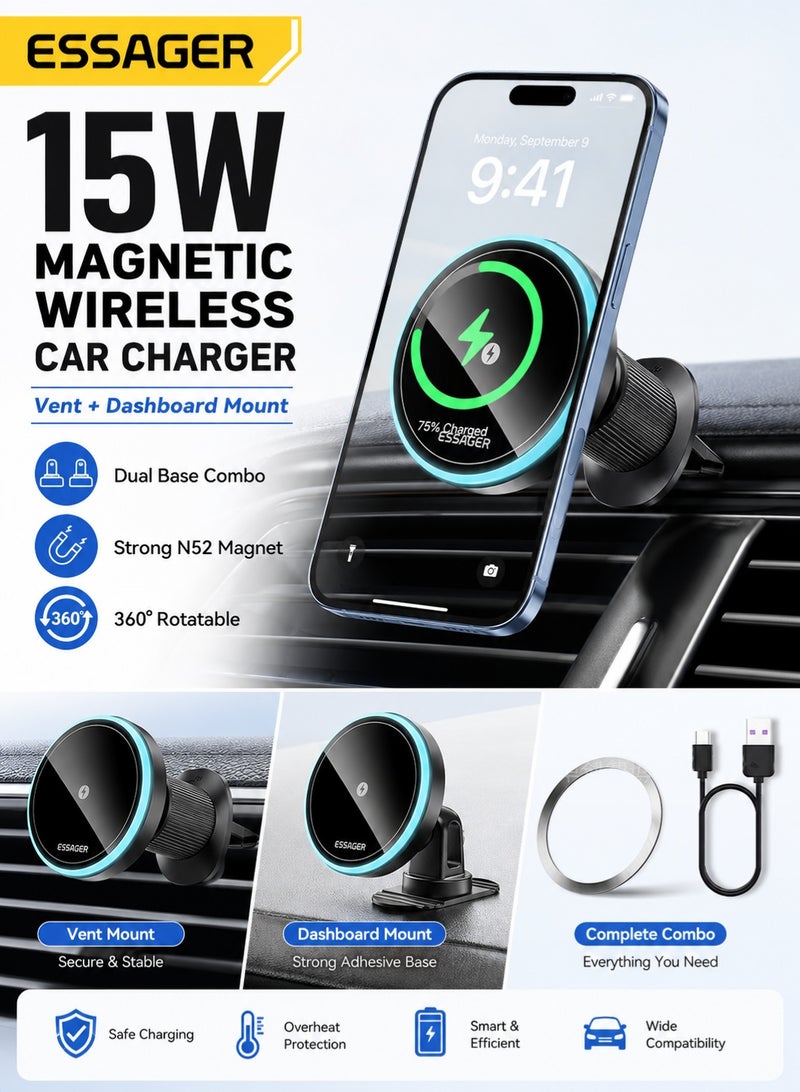 ESSAGER Magnetic Wireless Car Charger Holder Combo, 15W Fast Charging MagSafe Mount with N52 Magnet, 360° Rotatable Dual Base (Vent + Dashboard), 7-Color Light, for iPhone & Android (Black) - Image 2
