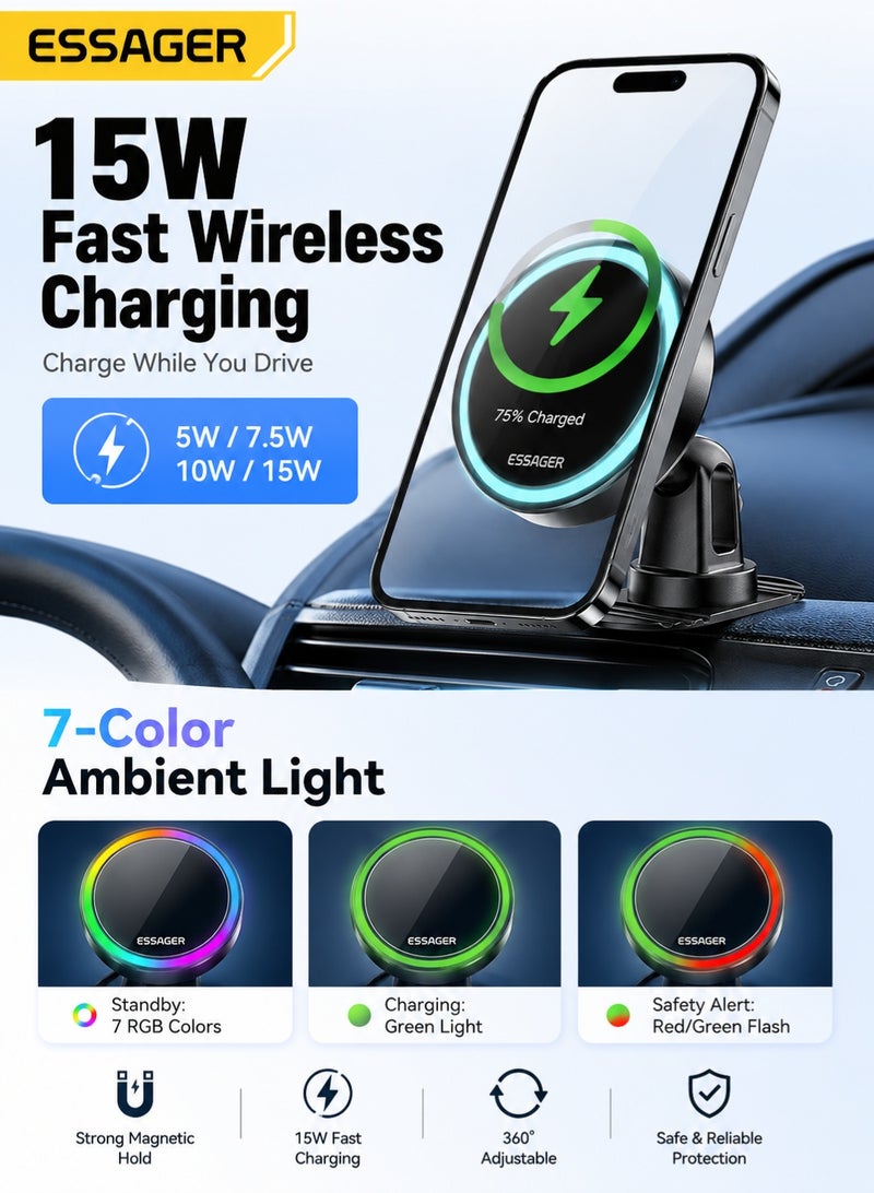 ESSAGER Magnetic Wireless Car Charger Holder Combo, 15W Fast Charging MagSafe Mount with N52 Magnet, 360° Rotatable Dual Base (Vent + Dashboard), 7-Color Light, for iPhone & Android (Black) - Image 3