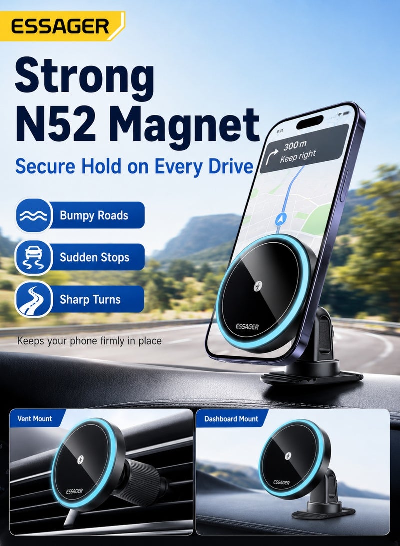 ESSAGER Magnetic Wireless Car Charger Holder Combo, 15W Fast Charging MagSafe Mount with N52 Magnet, 360° Rotatable Dual Base (Vent + Dashboard), 7-Color Light, for iPhone & Android (Black) - Image 4