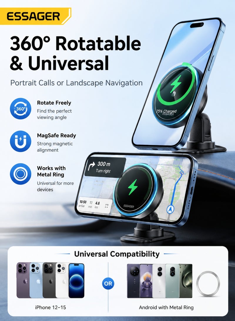 ESSAGER Magnetic Wireless Car Charger Holder Combo, 15W Fast Charging MagSafe Mount with N52 Magnet, 360° Rotatable Dual Base (Vent + Dashboard), 7-Color Light, for iPhone & Android (Black) - Image 5