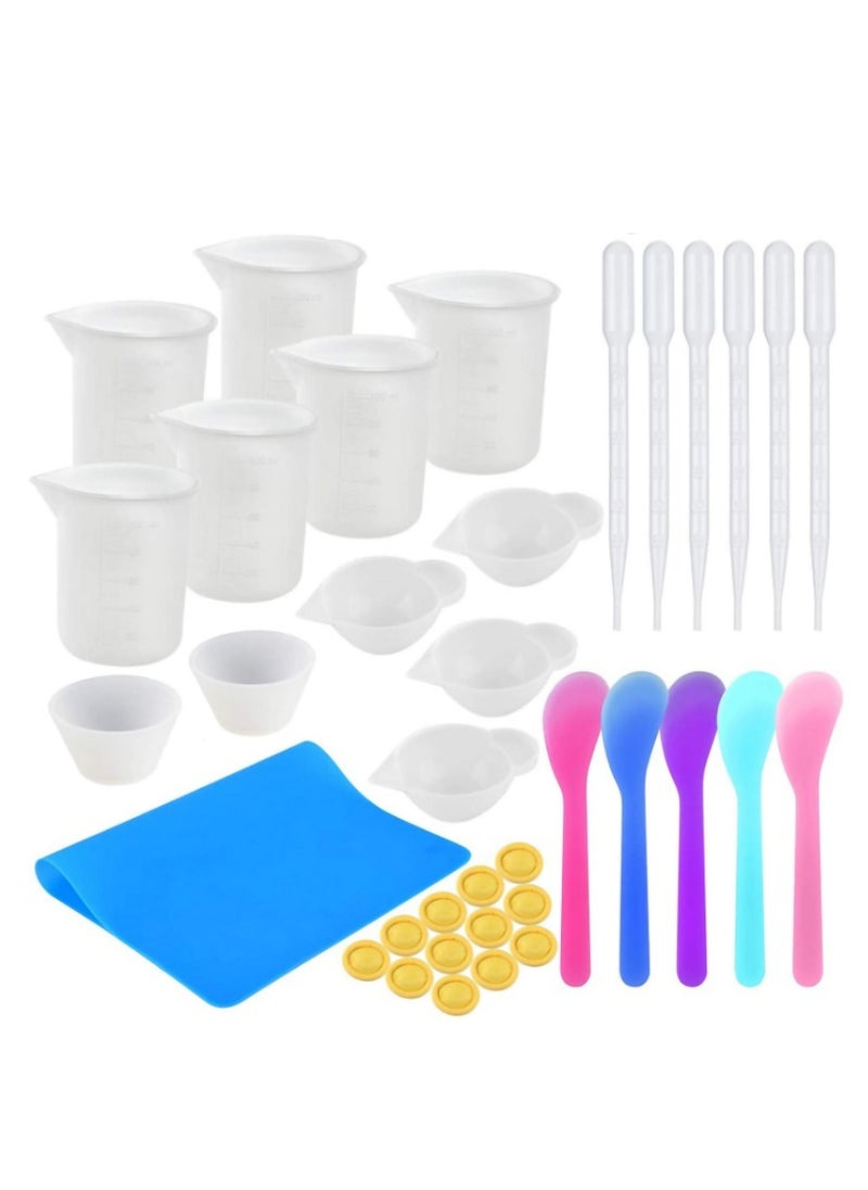 SYOSI 36 Pcs Silicone Resin Measuring Cups Tool Kit- 100ml Silicone Measuring Cups, Silicone Mixing Cups, 3ml Plastic Transfer Pipettes, Finger Cots, Mixing Sticks and Silicone Mat for Making Handmade Craft  - Image 1