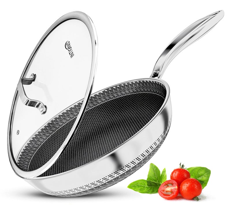 مقلاة INTIGNIS المميزة مع غطاء 30 سم 12 بوصة غير لاصقة مقاومة للخدش عميقة جداً كبيرة خالية من المواد الكيميائية من الفولاذ المقاوم للصدأ مقلاة هجينة على شكل خلية نحل