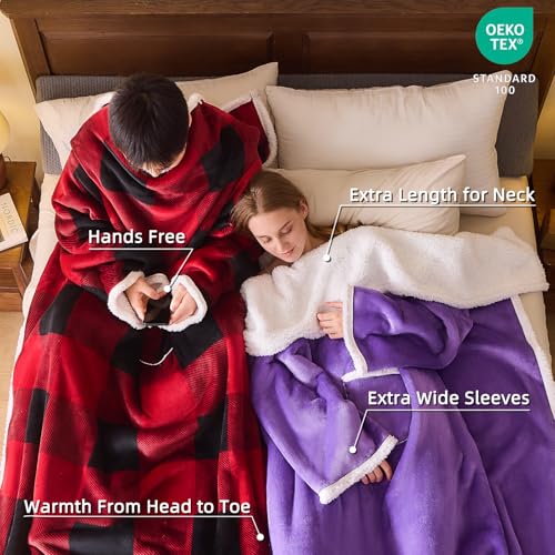 IFNOW Sherpa Wearable Blanket with Sleeves for Women Men Adults, Christmas Birthday Gifts for Women Mom Wife, Cozy Wearable Blanket with Arm and Pocket, Warm Full Body TV Wrap Throw Blanket, Plaid - Image 2
