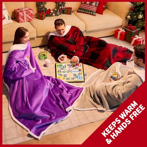 IFNOW Sherpa Wearable Blanket with Sleeves for Women Men Adults, Christmas Birthday Gifts for Women Mom Wife, Cozy Wearable Blanket with Arm and Pocket, Warm Full Body TV Wrap Throw Blanket, Plaid - Image 3