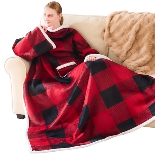 IFNOW Sherpa Wearable Blanket with Sleeves for Women Men Adults, Christmas Birthday Gifts for Women Mom Wife, Cozy Wearable Blanket with Arm and Pocket, Warm Full Body TV Wrap Throw Blanket, Plaid - Image 1