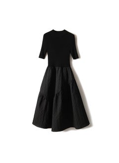 Elegant Black Knit Puff Skirt Half Polo/Turtle Neck Sheep Wool Blend Dress Spring Summer 2023 New Arrival Black short sleeve