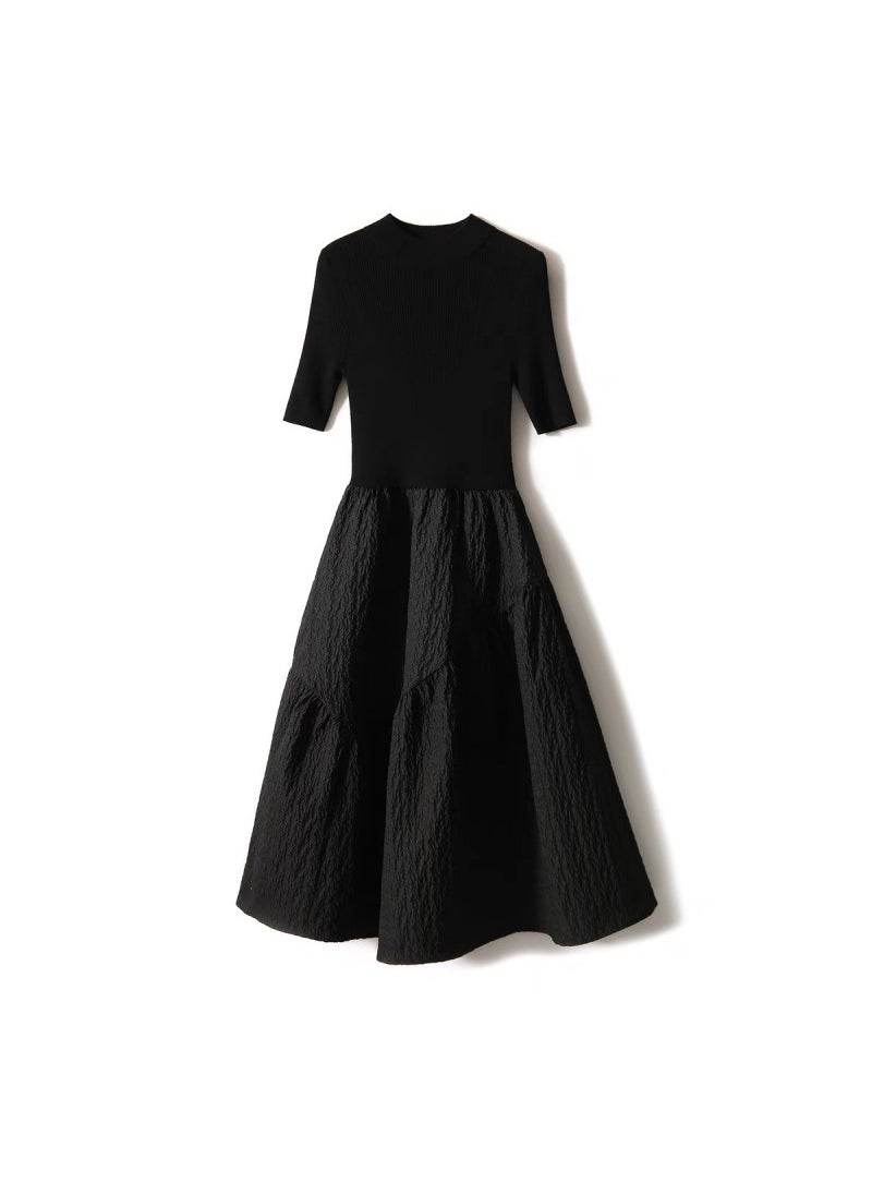 Generic - Elegant Black Knit Puff Skirt Half Polo/Turtle Neck Sheep Wool Blend Dress Spring Summer 2023 New Arrival Black short sleeve - Image 1