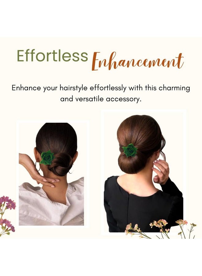 Hair Flare - Artificial Plastic & Metal Rose Flower With Abundance Of Petals Design Hairpin/Hair Clip/Judabun | Bridal Hair Accessories For Women & Girls - 2700, Green, Set Of 2 - Image 1