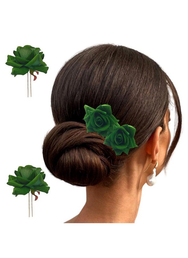 Hair Flare - Artificial Plastic & Metal Rose Flower With Abundance Of Petals Design Hairpin/Hair Clip/Judabun | Bridal Hair Accessories For Women & Girls - 2700, Green, Set Of 2 - Image 1