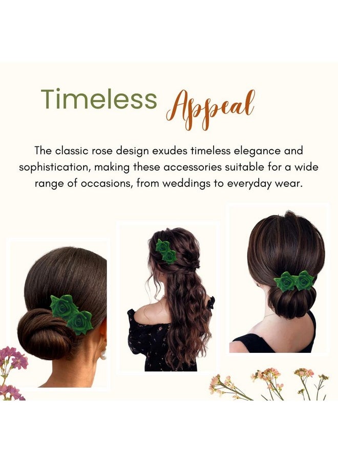 Hair Flare - Artificial Plastic & Metal Rose Flower With Abundance Of Petals Design Hairpin/Hair Clip/Judabun | Bridal Hair Accessories For Women & Girls - 2700, Green, Set Of 2 - Image 1