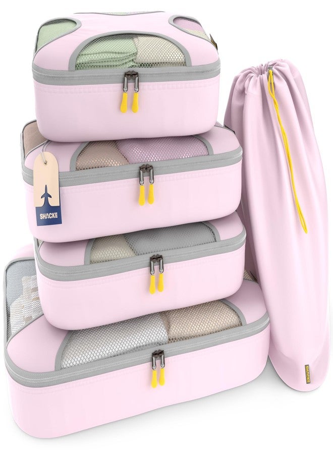 Shacke Premium 5 Packing Cubes Set - Lightweight Mesh Travel Luggage Organizers with Laundry Bag, 5-Piece Suitcase Storage System (Petal Pink) - Image 1