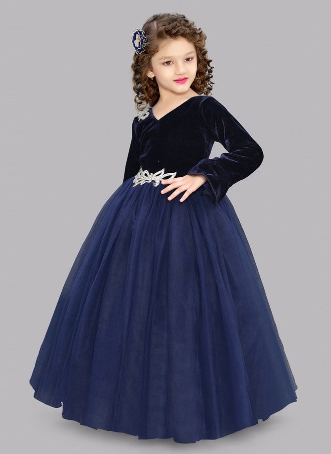 PinkChick فستان ماكسي من المخمل الأزرق الداكن بتصميم ضيق وواسع للفتيات - Image 4