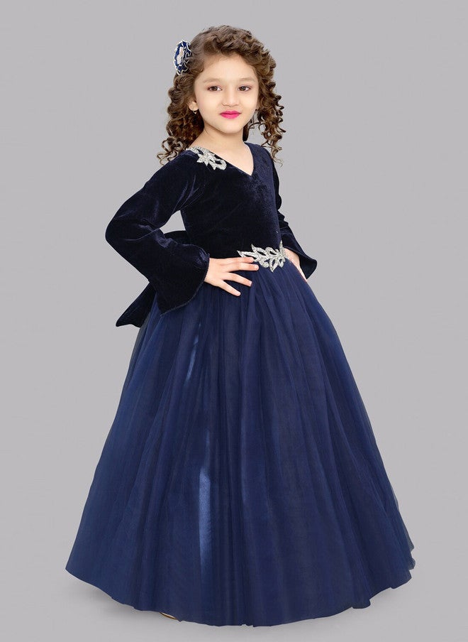 PinkChick فستان ماكسي من المخمل الأزرق الداكن بتصميم ضيق وواسع للفتيات - Image 3