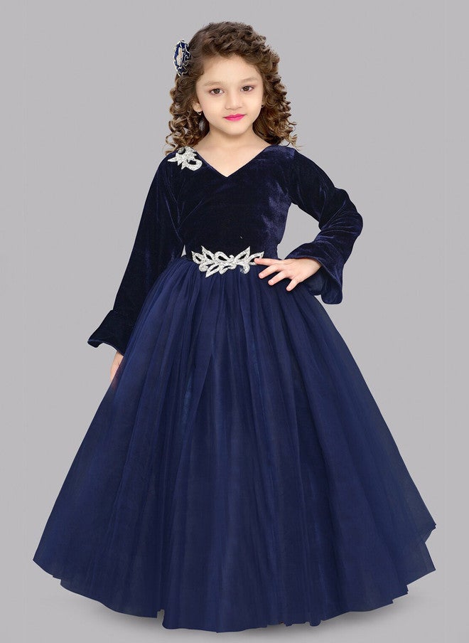 PinkChick فستان ماكسي من المخمل الأزرق الداكن بتصميم ضيق وواسع للفتيات - Image 1