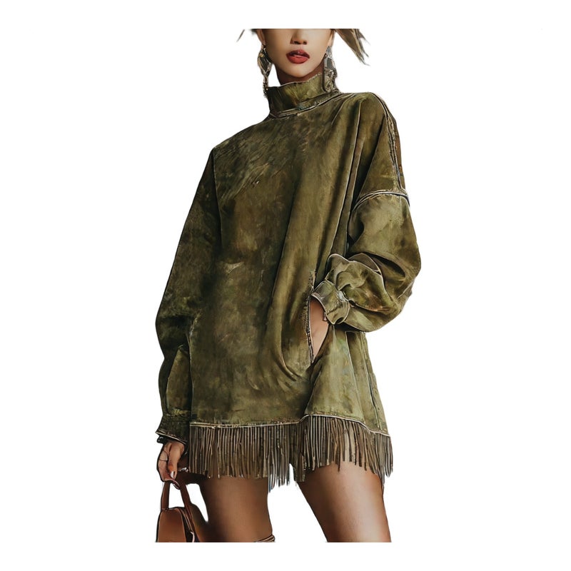High Neck Loose Pocket Fringe Long Sleeve Suede Dress - Image 1