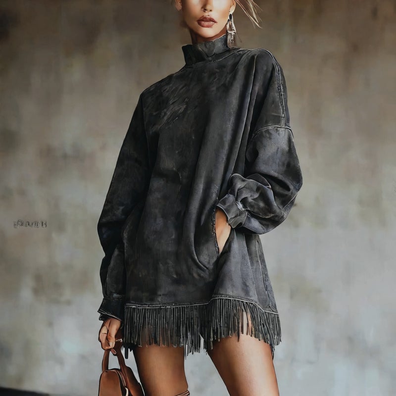 High Neck Loose Pocket Fringe Long Sleeve Suede Dress - Image 2