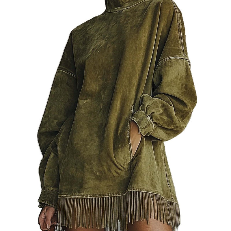 High Neck Loose Pocket Fringe Long Sleeve Suede Dress - Image 5