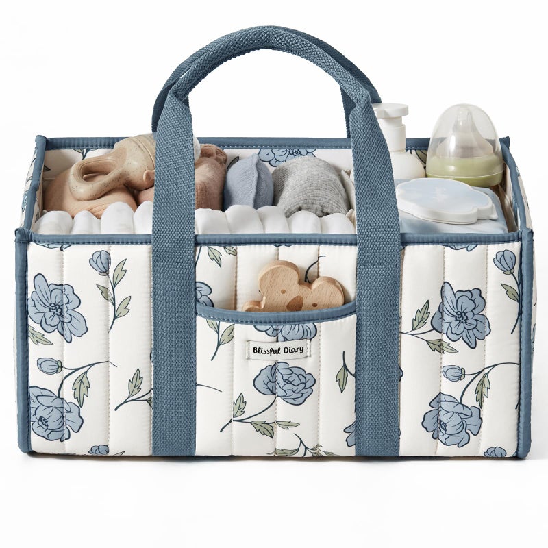 Blissful Diary Floral Diaper Caddy Organizer Stylish Nursery Storage Basket Gift for Baby Shower Newborn Essentials Peony Blue - Image 2