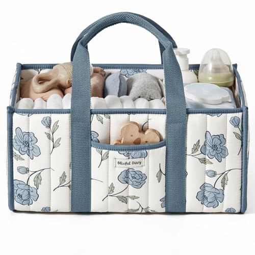 Blissful Diary Floral Diaper Caddy Organizer Stylish Nursery Storage Basket Gift for Baby Shower Newborn Essentials Peony Blue - Image 1