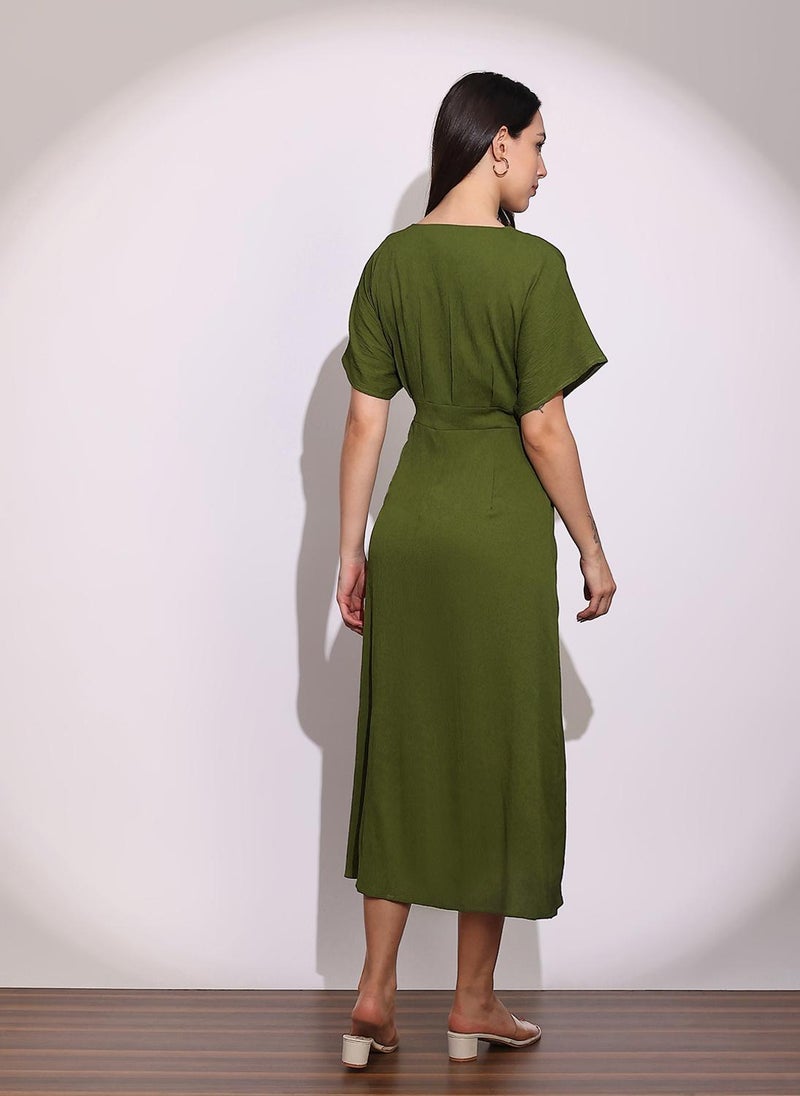 Globus Women's Olive Green Casual Dress with V Neck and A-Line Design - Image 4