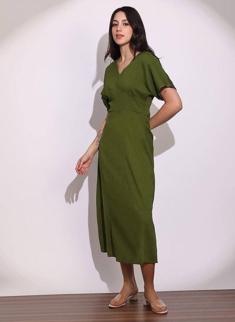 Globus Women's Olive Green Casual Dress with V Neck and A-Line Design - Image 3
