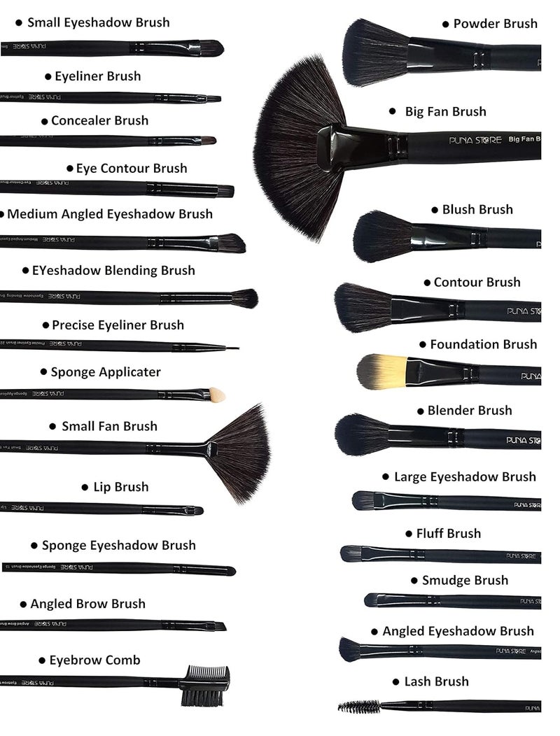 Puna Store 24 Piece Professional Synthetic Makeup Brush Set with Storage Pouch Black Cruelty Free Vegan Brushes Kabuki Foundation Eye Shadow Blending Face Pack Contouring Highlighting - Image 3