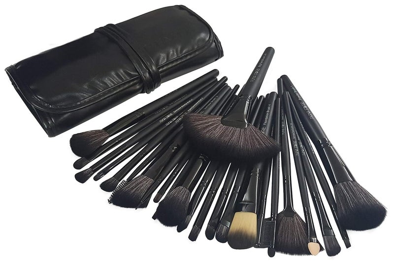 Puna Store 24 Piece Professional Synthetic Makeup Brush Set with Storage Pouch Black Cruelty Free Vegan Brushes Kabuki Foundation Eye Shadow Blending Face Pack Contouring Highlighting - Image 1