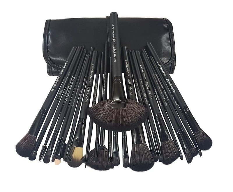 Puna Store 24 Piece Professional Synthetic Makeup Brush Set with Storage Pouch Black Cruelty Free Vegan Brushes Kabuki Foundation Eye Shadow Blending Face Pack Contouring Highlighting - Image 2