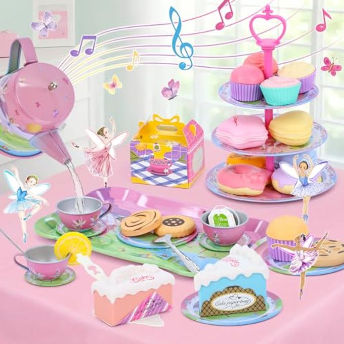 PRE-WORLD Tea Party Set for Toddles 3-5,53PCS Musical Kids Tea Set for Little Girls with Dessert,Cookies,Doughnut,Cake,Cake Stand,Tablecloth & Carrying Case,Kitchen Pretend Play Toys for Girls Boys Age 3-6 - Image 2