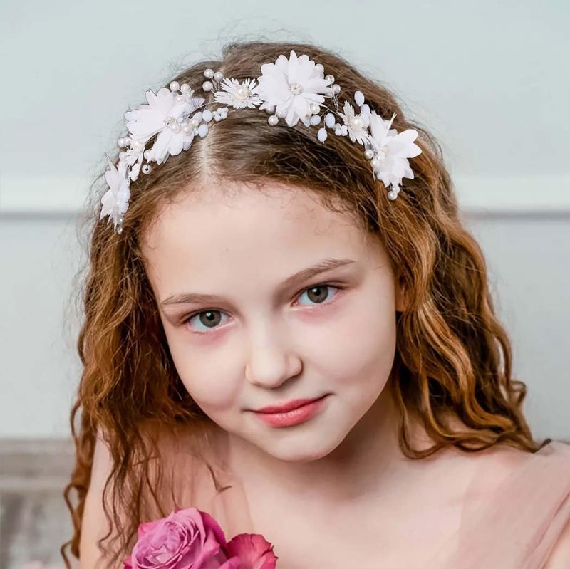 Campsis Flower Girl Headpiece White Princess Headband Pearl First Communion Hair Bands Wedding Birthday Party Hair Accessories for Women and Girls