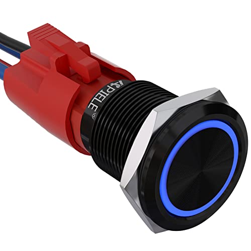 APIELE 10 Amp 19mm Latching Push Button Switch 12V SPST LED Waterproof Round Self-Locking 1NO (Black Aluminum, Blue) - Image 1