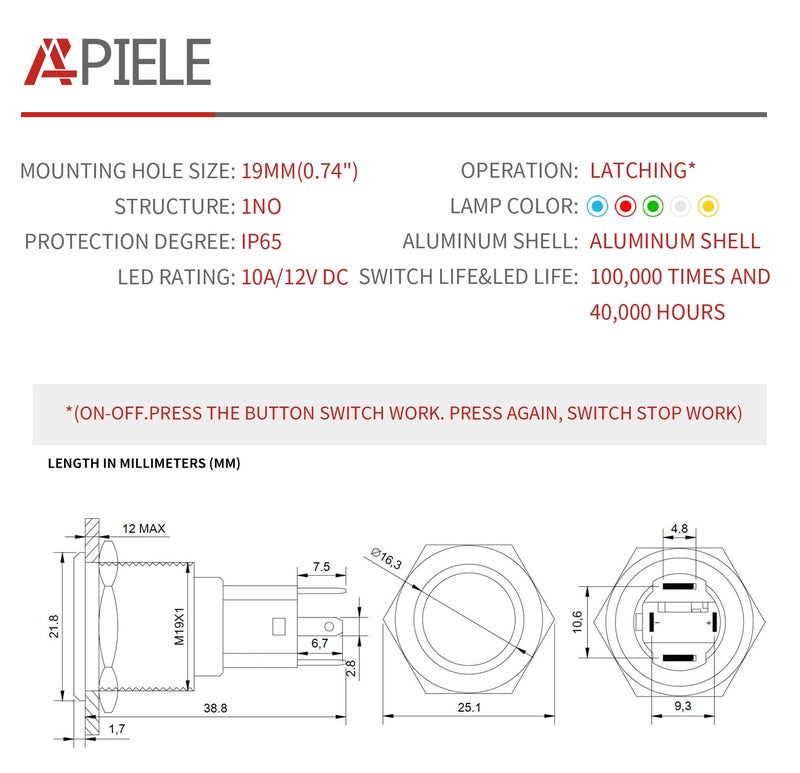 APIELE 10 Amp 19mm Latching Push Button Switch 12V SPST LED Waterproof Round Self-Locking 1NO (Black Aluminum, Blue) - Image 2