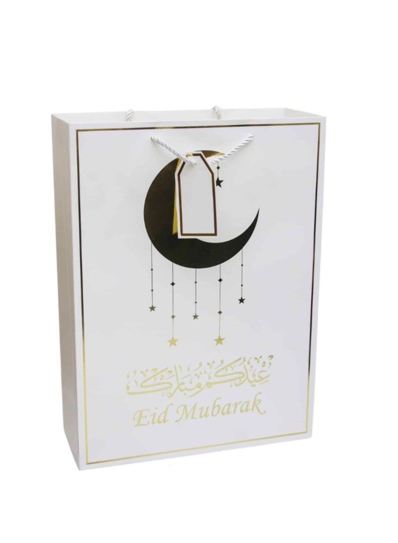 بارتي فن حقيبة هدايا عيد مبارك – حقيبة هدايا ورقية فاخرة كبيرة بمقبض – تصميم هلال أبيض وذهبي – 31×42×12 سم – تغليف هدايا العيد – 12 قطعة - Image 3