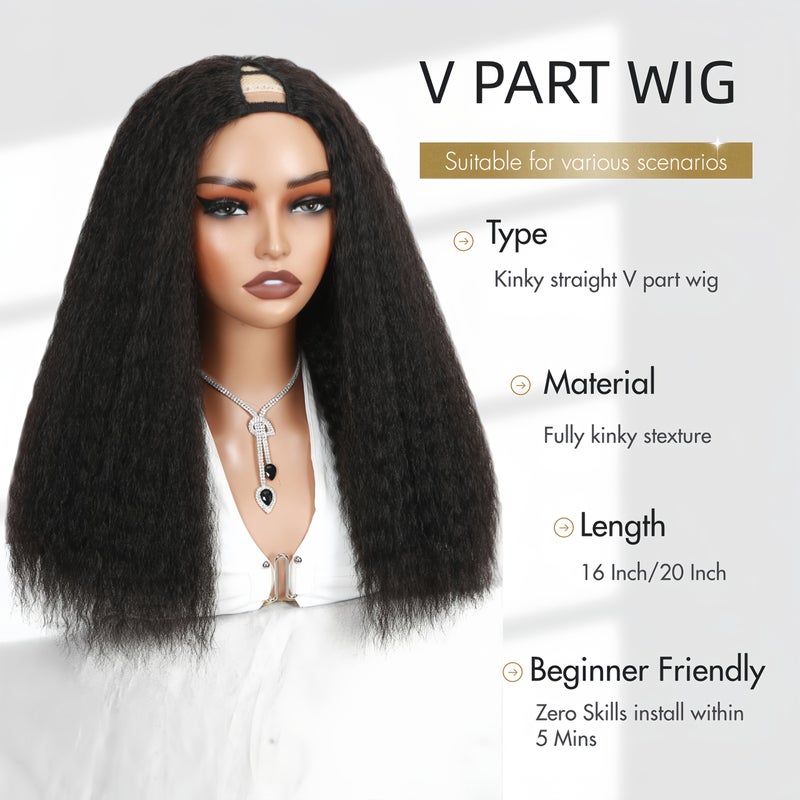 Kinky Straight V Part Wig 20 Inch Synthetic Yaki Glueless Half Wig For Women Upgrade Easy Wear - Image 5