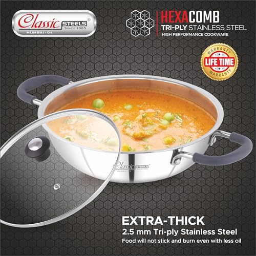 Classic Steels Hexa Comb Triply Kadai with Glass Lid - 1.5 LTR (20cm) | Stainless Steel Non-Stick Kadhai for Cooking | Gas & Induction Compatible | 2.5mm Thickness | Durable Stay Cool Silicon Handle - Image 2