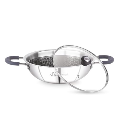 Classic Steels Hexa Comb Triply Kadai with Glass Lid - 1.5 LTR (20cm) | Stainless Steel Non-Stick Kadhai for Cooking | Gas & Induction Compatible | 2.5mm Thickness | Durable Stay Cool Silicon Handle - Image 1