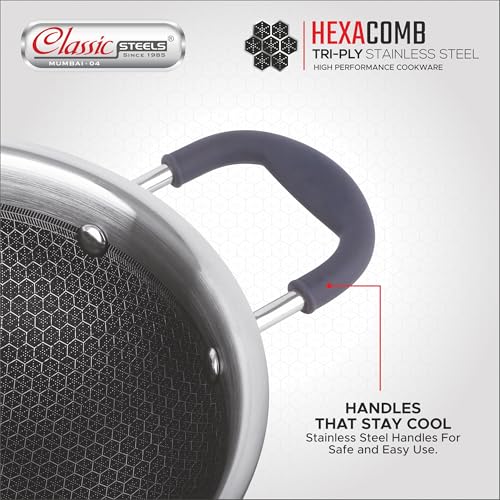 Classic Steels Hexa Comb Triply Kadai with Glass Lid - 1.5 LTR (20cm) | Stainless Steel Non-Stick Kadhai for Cooking | Gas & Induction Compatible | 2.5mm Thickness | Durable Stay Cool Silicon Handle - Image 5