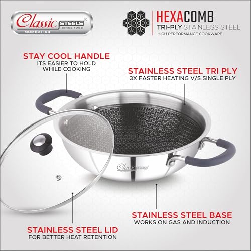 Classic Steels Hexa Comb Triply Kadai with Glass Lid - 1.5 LTR (20cm) | Stainless Steel Non-Stick Kadhai for Cooking | Gas & Induction Compatible | 2.5mm Thickness | Durable Stay Cool Silicon Handle - Image 3