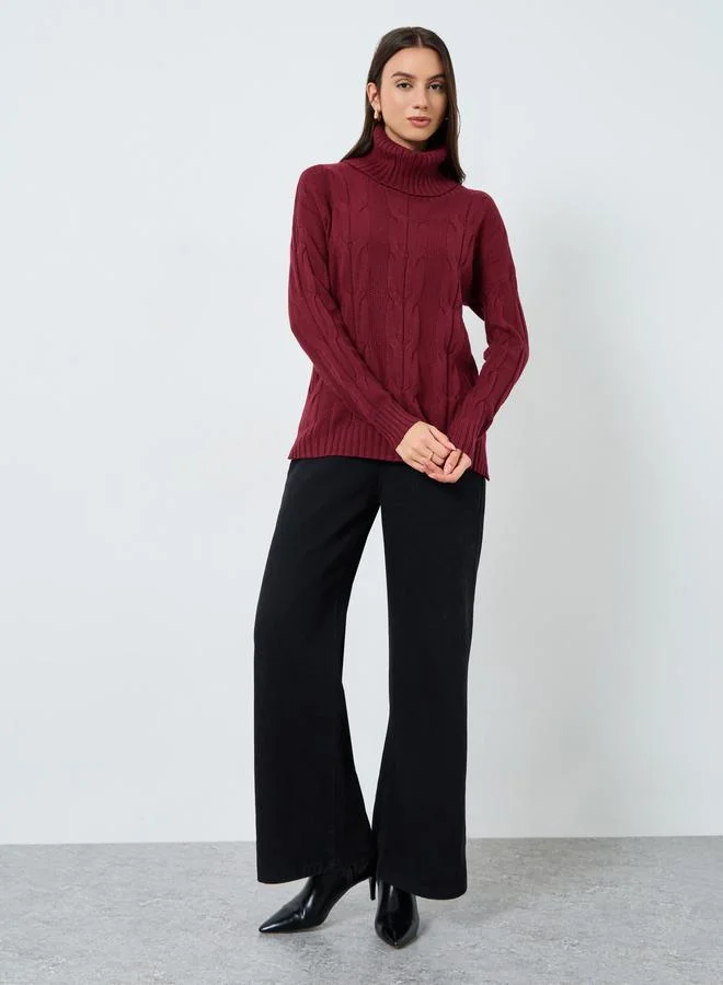 Styli Burgundy Cable Knit Roll Neck Sweater