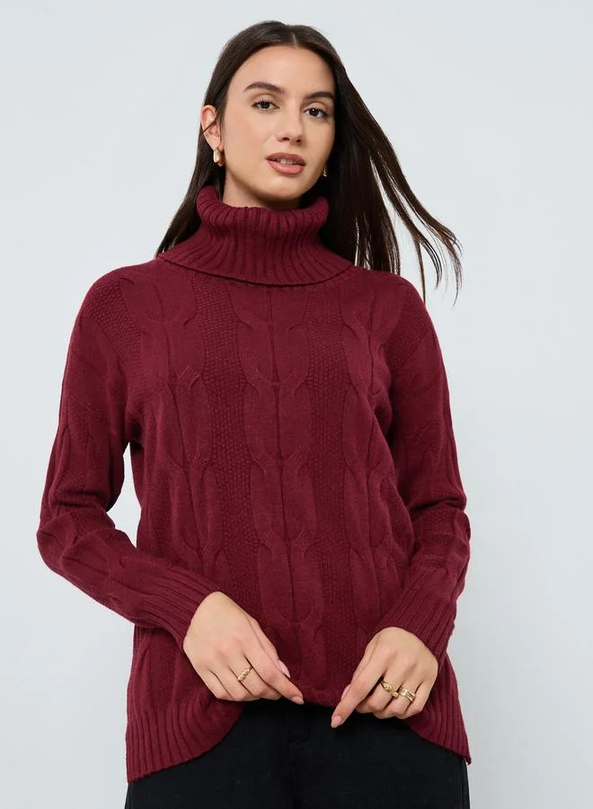 Burgundy Cable Knit Roll Neck Sweater