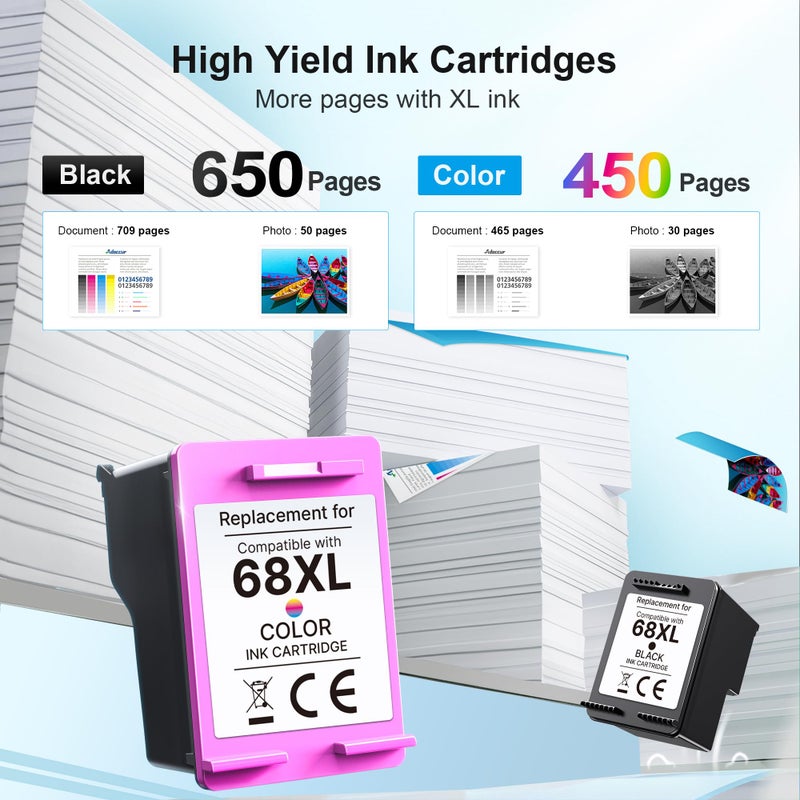 Adoccur 68XL 68e for HP 68 Ink Cartridges, Compatible for HP Ink 68, High Yield for HP 68 Ink Cartridges Black/Color Combo Pack Work with Envy 6155e 6555e 6152e 6100e 6552e 6558e 6500e (1 Black, 1 Tri-Color) - Image 3