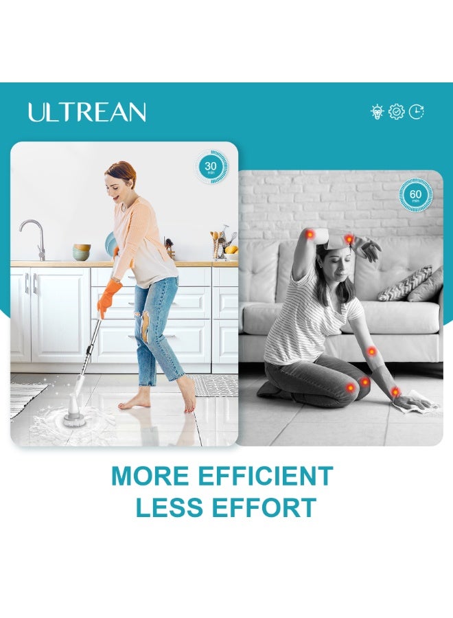 ألتريان ممسحة كهربائية دوارة Ultrean، فرشاة تنظيف لاسلكية مع 4 رؤوس فرشاة استبدالية وقبطة تمديد قابلة للتعديل، سرعتين لتنظيف الحمام والبلاط والأرضية والحوض - Image 2