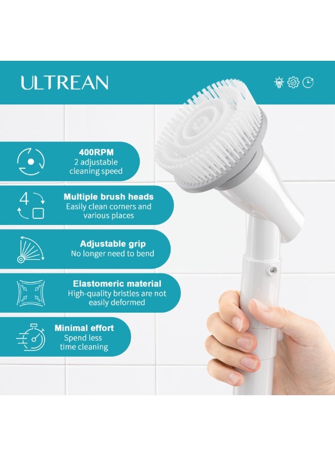ألتريان ممسحة كهربائية دوارة Ultrean، فرشاة تنظيف لاسلكية مع 4 رؤوس فرشاة استبدالية وقبطة تمديد قابلة للتعديل، سرعتين لتنظيف الحمام والبلاط والأرضية والحوض - Image 3