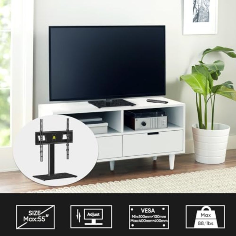 قاعدة حامل تلفزيون دوارة عالمية لأجهزة تلفزيون مقاس 32 بوصة و60 بوصة، حامل تلفزيون على سطح الطاولة قابل للتعديل بارتفاع مع قاعدة من الزجاج المقسى، يحمل ما يصل إلى 40 كجم، بحد أقصى 400 × 400 مم - Image 2