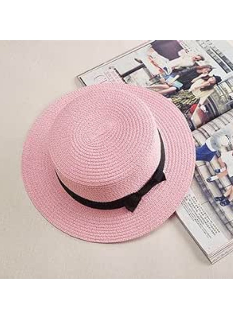 Vitacelli Straw Sun Hat for Women, Girls Cute Summer Beach Cap Foldable Visor Floppy Wide Brim with Bowknot PINK  - Image 2