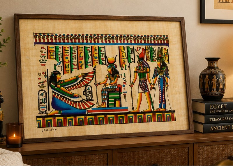 هاندرد بلس ورق بردي مصري طبيعي أصلي لوحة مقاس A3 كاملة مصنوع يدويًا في مصر من نبات البردي الحقيقي بتصميم الإلهة إيزيس وحورس والعائلة الملكية في مصر القديمة مطبوع للديكور والهدايا التذكارية - Image 2