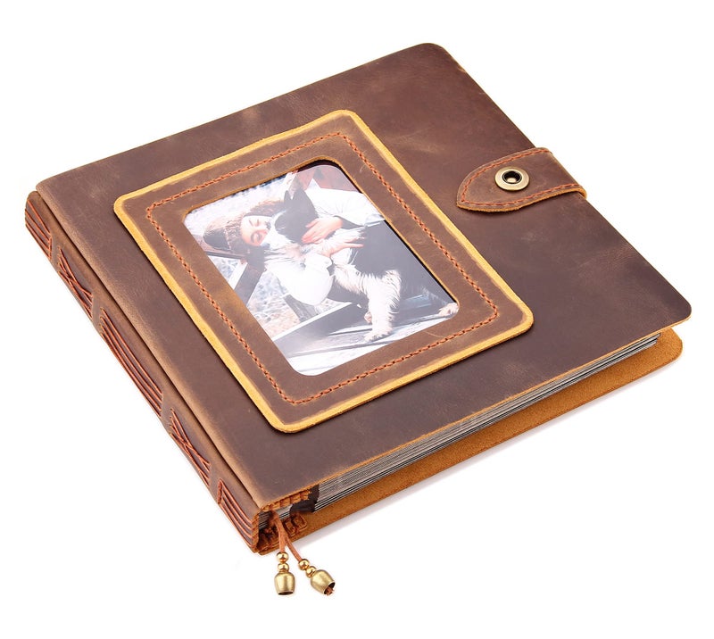 Robrasim Brown Leather Self-Adhesive Photo Album  9.6x9.6x1.3 in  Holds 3x5  4x6  5x7  6x8 Photos - Image 1