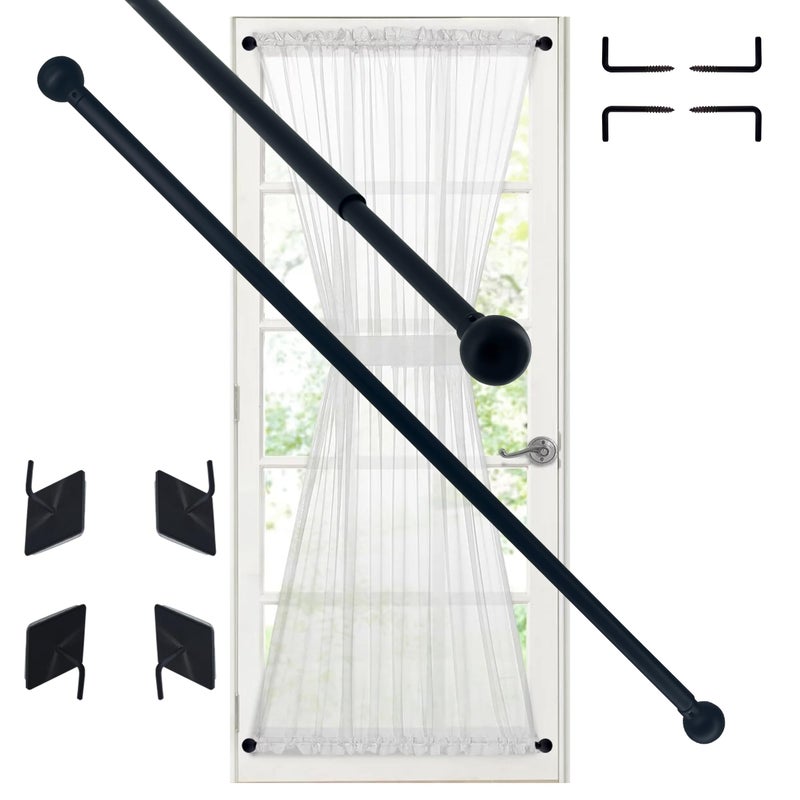 ARNORX Premium Adjustable Curtain Rod for French Doors Kitchen Curtain  Small Window 38 Inch Diameter 2 Pack Black