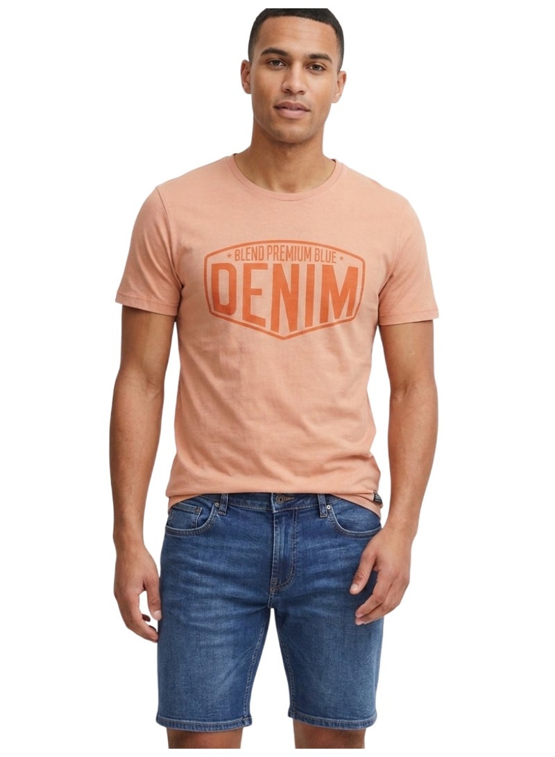 Blend Men's Cotton Crew Neck Short Sleeve T-Shirt with Denim Graphic - Peach