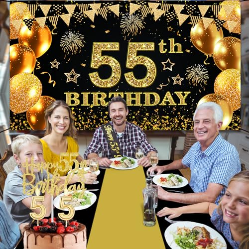 YeohJoy 55th Birthday Decorations for Men Women with 55th Birthday Banner Black and Gold Table Cloth Number Balloons Large Sash Cake Topper and Candles - Image 3